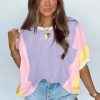 Women's Purple Color Block Oversized Half Sleeve T-Shirt with Pocket - Image 3