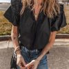 Women's Black Ruffled Puff Short Sleeve Loose Blouse - Casual Summer Top - Image 6