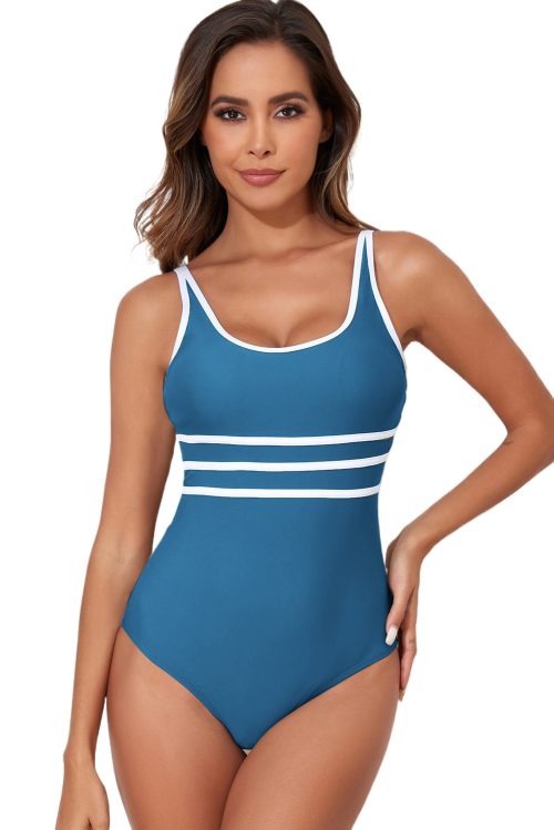 Women's Dark Blue Colorblock U Neck One Piece Swimwear with Contrast Trim
