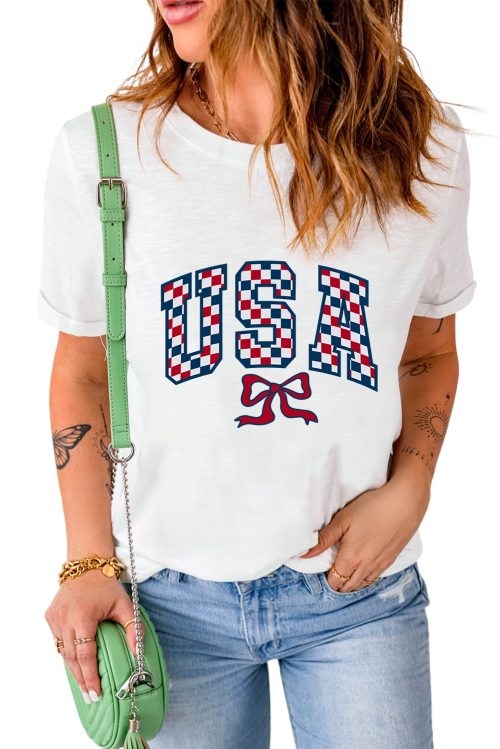 Women's White Checkered USA Graphic Casual Tee for Independence Day