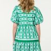 Women's Bright Green Abstract Patterned V Neck Mini Dress with Puff Short Sleeves - Image 2