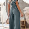 Women's Blue Dolman Sleeve Button Belted V Neck Wide Leg Jumpsuit with Pockets - Image 2
