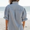 Women's Beau Blue Ruffle Short Puff Sleeve Chambray Shirt - Vintage Style - Image 2