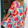 Women's Rose Red Floral Bubble Sleeve V Neck Tiered Ruffle Babydoll Dress for Summer Vacations - Image 6