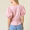 Women's Light Pink Scoop Neck Bubble Sleeve Tee - Trendy Casual Top - Image 2