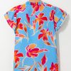 Women's Sky Blue Floral Print V Neck Blouse with Pompom Trim and Flutter Sleeves - Image 3