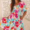 Women's Rose Red Floral Bubble Sleeve V Neck Tiered Ruffle Babydoll Dress for Summer Vacations - Image 3