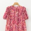 Chic Women's Red Floral Print Ruffled Puff Short Sleeve Blouse - Image 7