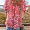 Chic Women's Red Floral Print Ruffled Puff Short Sleeve Blouse - Image 2