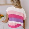 Women's Pink Color Block Notch V Neck Short Sleeve Sweater T-Shirt - Image 3