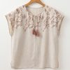 Women's Jet Stream Geometric Embroidered Short Sleeve Blouse with Tassel Tie - Image 6