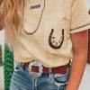 Women's Apricot RODEO Horseshoe Embroidered Patch Pocket T-Shirt - Image 2