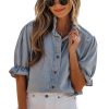 Women's Beau Blue Ruffle Short Puff Sleeve Chambray Shirt - Vintage Style - Image 17