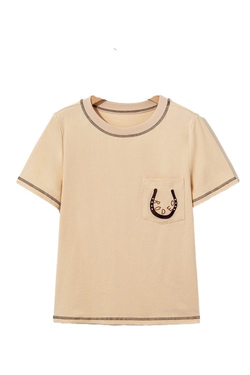 Women's Apricot RODEO Horseshoe Embroidered Patch Pocket T-Shirt