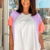 Women's Beige Colorblock Patchwork V Neck High Low T-Shirt with Exposed Seams - Image 7
