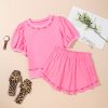 Women's Pink Contrast Bow Trim Pearl Puff Sleeve Blouse and Skort 2-Piece Set - Image 6