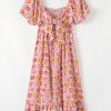 Women's Pink Floral Ruffle Midi Dress with Square Neckline and Knotted Back - Image 9