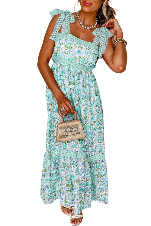 Elegant Green Floral Lace Tied Strap Empire Waist Maxi Dress for Women