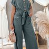 Women's Blue Dolman Sleeve Button Belted V Neck Wide Leg Jumpsuit with Pockets - Image 6