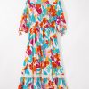 Women's Rose Red Floral Knot Puff Sleeve V Neck Buttoned Front Split Lace Maxi Dress - Image 16