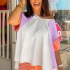 Women's Beige Colorblock Patchwork V Neck High Low T-Shirt with Exposed Seams - Image 6