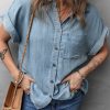 Women's Dusk Blue Folded Short Sleeve Denim Shirt with Patched Pocket - Image 2