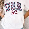 Women's White Checkered USA Graphic Casual Tee for Independence Day - Image 2