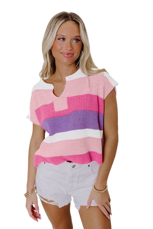 Women's Pink Color Block Notch V Neck Short Sleeve Sweater T-Shirt