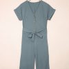 Women's Blue Dolman Sleeve Button Belted V Neck Wide Leg Jumpsuit with Pockets - Image 7