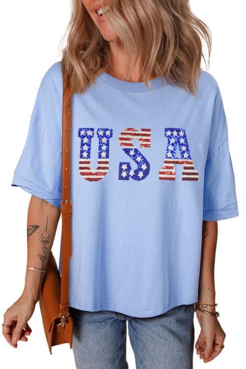 Women's Myosotis USA Patched Drop Sleeve Crewneck T-Shirt - Casual Patriotic Style