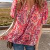 Chic Women's Red Floral Print Ruffled Puff Short Sleeve Blouse - Image 3