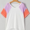 Women's Beige Colorblock Patchwork V Neck High Low T-Shirt with Exposed Seams - Image 8