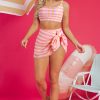 Women's Pink Gingham 3-Piece High Waist Bikini Set with Sarong - Image 5