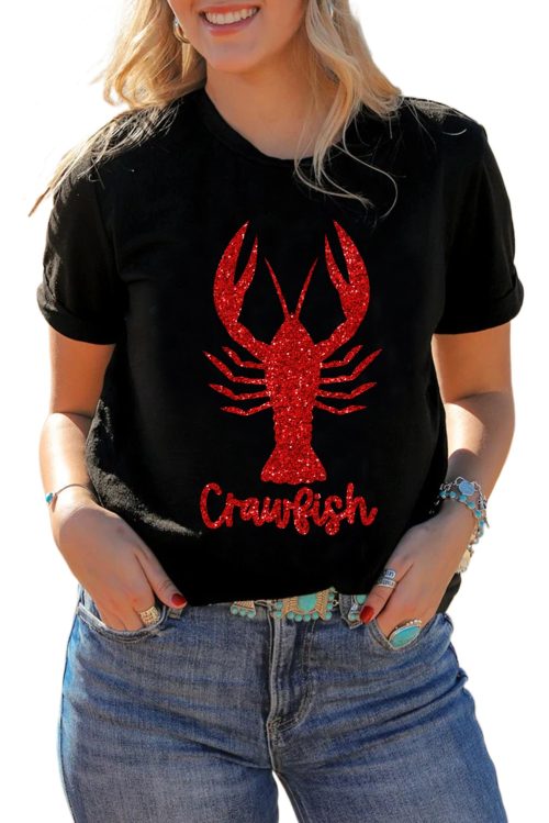 Women's Black Shimmering Crawfish Graphic Tee - Casual Summer Wear