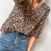 Women's Apricot Leopard V Neck Half Sleeve Blouse - Trendy Casual Top - Image 2