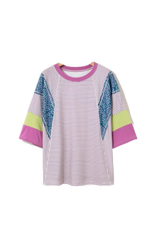 Women's Purple Stripe Floral Color Block Raw Edge Patchwork Blouse with Bracelet Sleeves