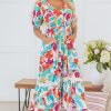 Women's Rose Red Floral Knot Puff Sleeve V Neck Buttoned Front Split Lace Maxi Dress - Image 4