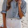 Women's Beau Blue Ruffle Short Puff Sleeve Chambray Shirt - Vintage Style - Image 8