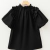 Women's Black Ruffled Puff Short Sleeve Loose Blouse - Casual Summer Top - Image 9
