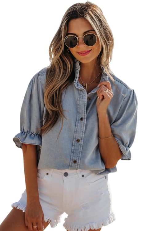 Women's Beau Blue Ruffle Short Puff Sleeve Chambray Shirt - Vintage Style