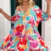 Women's Rose Red Floral Bubble Sleeve V Neck Tiered Ruffle Babydoll Dress for Summer Vacations - Image 7
