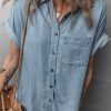 Women's Dusk Blue Folded Short Sleeve Denim Shirt with Patched Pocket - Image 4