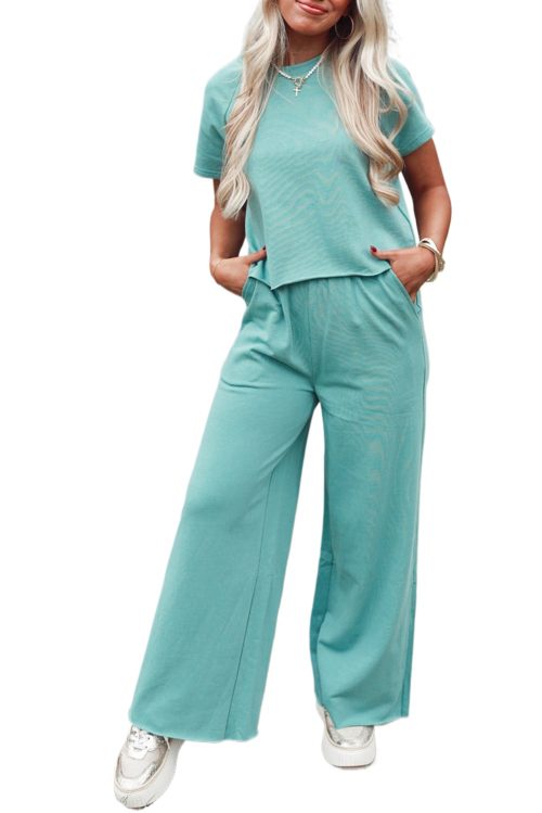 Women's Mint Green Raglan Short Sleeve Tee and High Waist Wide Leg Pants Set