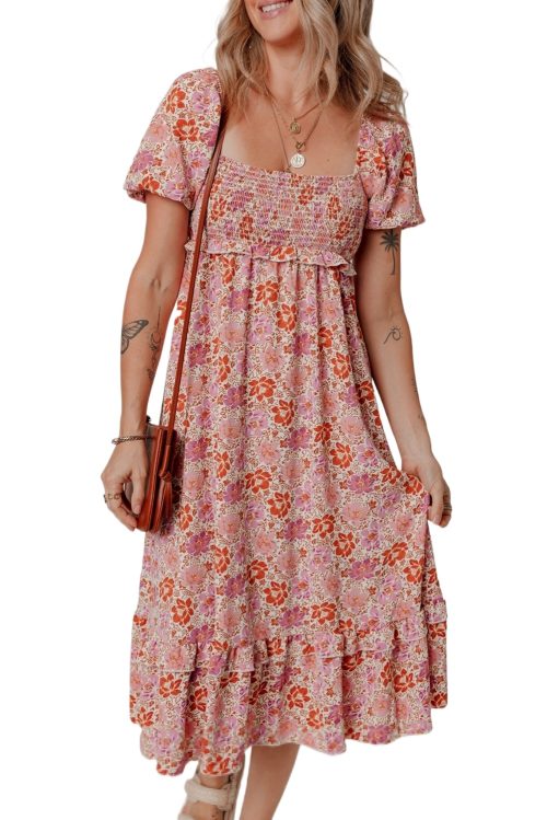 Women's Pink Floral Ruffle Midi Dress with Square Neckline and Knotted Back