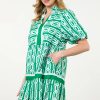Women's Bright Green Abstract Patterned V Neck Mini Dress with Puff Short Sleeves - Image 3