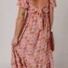 Women's Pink Floral Ruffle Midi Dress with Square Neckline and Knotted Back - Image 2