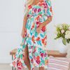 Women's Rose Red Floral Knot Puff Sleeve V Neck Buttoned Front Split Lace Maxi Dress - Image 6
