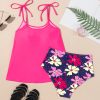 Women's Rose Red Floral Print Tie Shoulder Tankini Set for Beach Days - Image 9