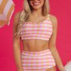 Women's Pink Gingham 3-Piece High Waist Bikini Set with Sarong - Image 8