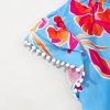 Women's Sky Blue Floral Print V Neck Blouse with Pompom Trim and Flutter Sleeves - Image 6